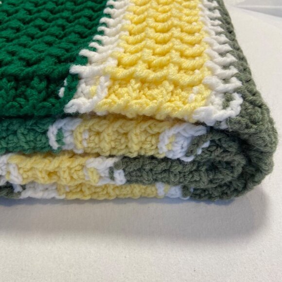 Handmade Crochet striped Blanket Green Yellow White Waffle Soft Warm throw - Picture 3 of 12